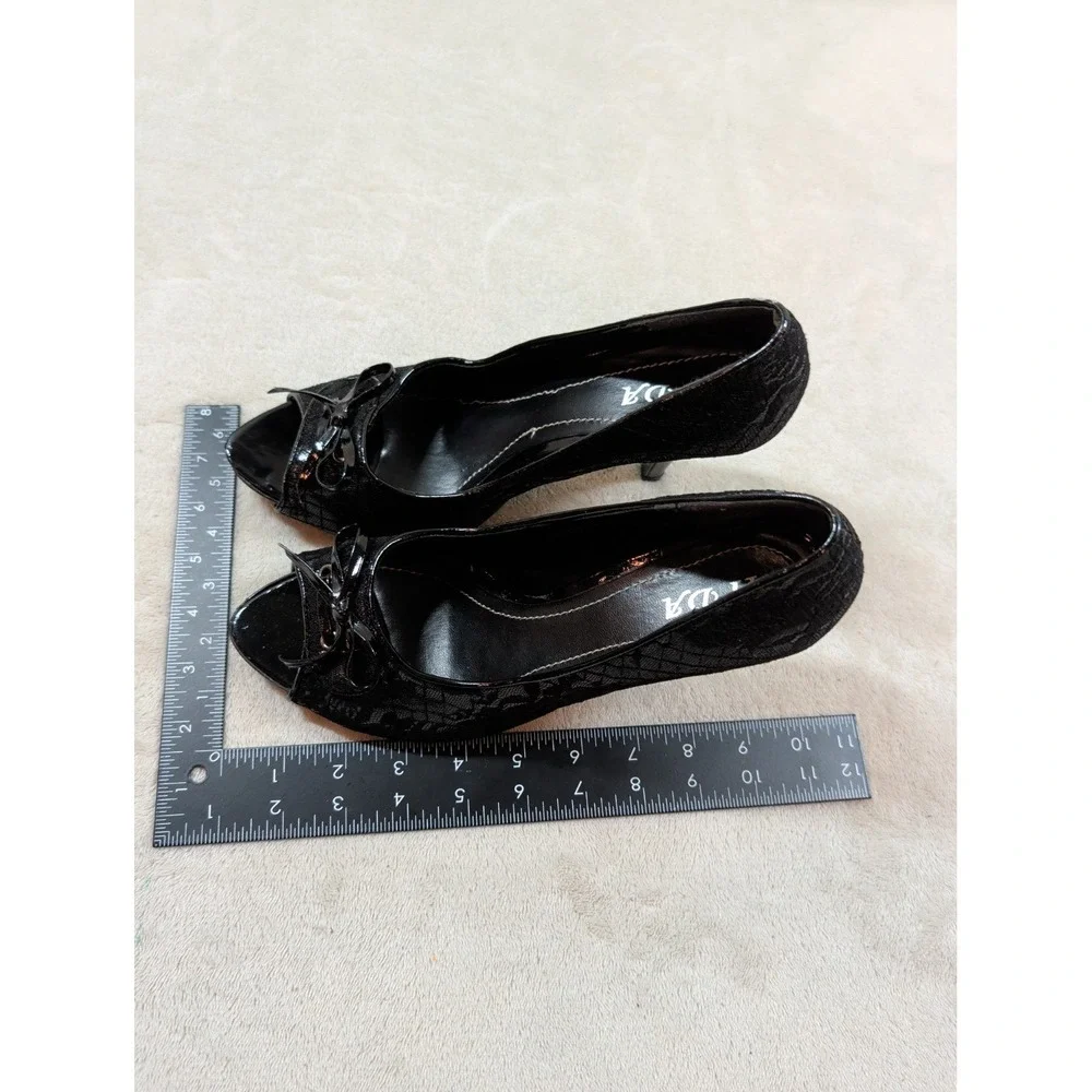 YIDA Black Lace Peep‎ Toe Bow Pumps Stiletto Heels BD01135-1 Size 8.5